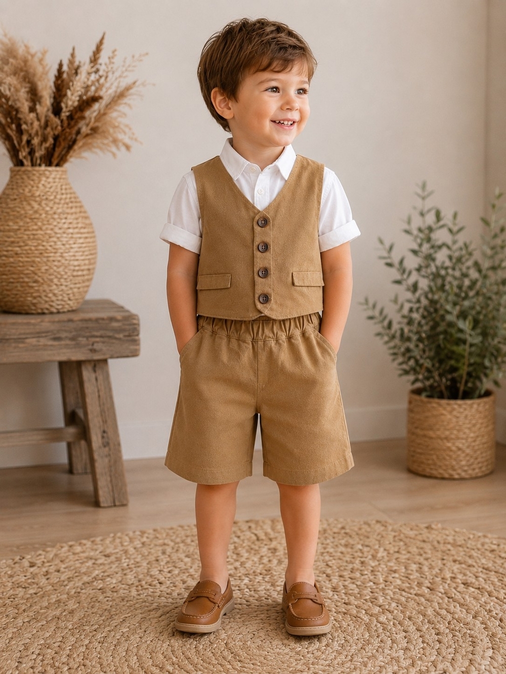 NWT Mimii 2-Piece Vest & Shorts Set 3T Brown Designer Quiet Luxury Normcore